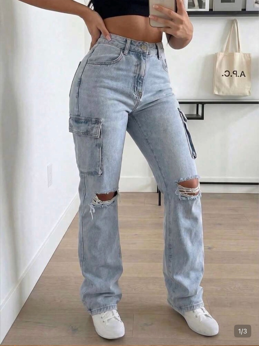 SHEIN Light Blue High-Rise Cargo Straight Leg Jeans